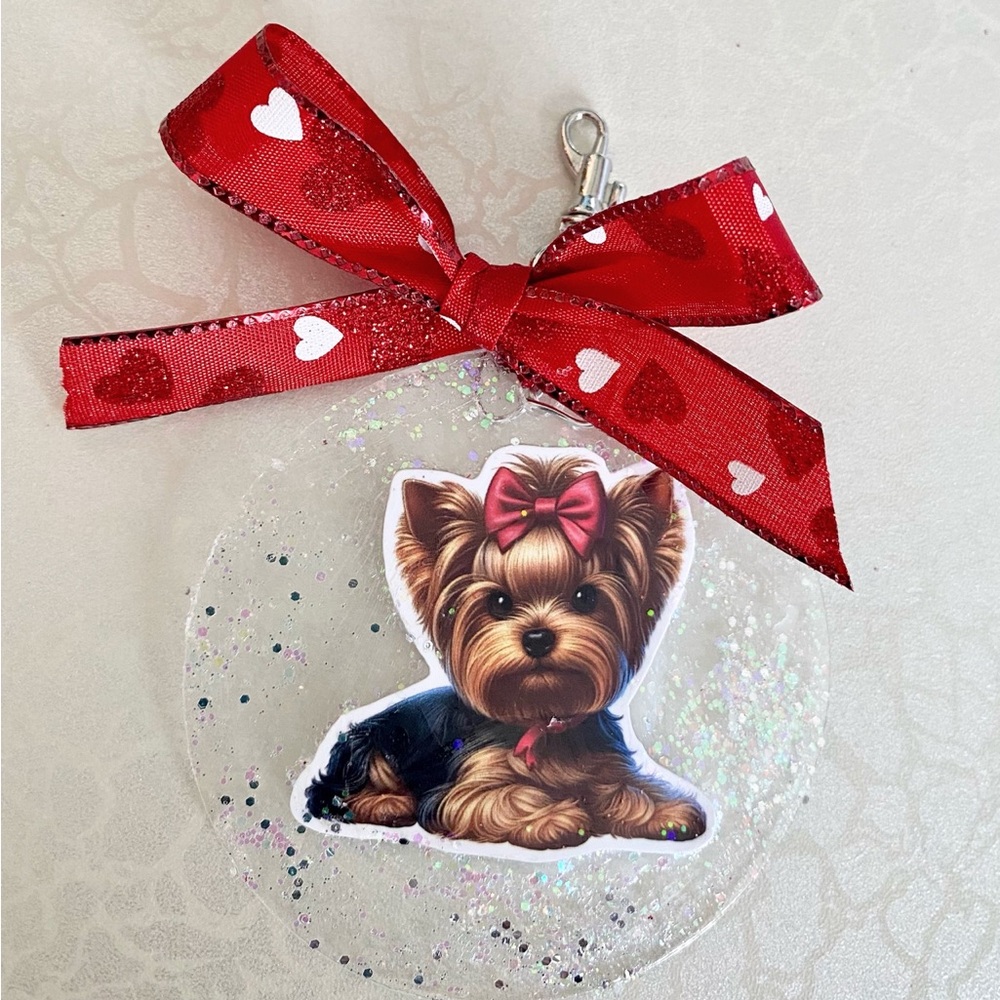 Hand Crafted Red Bow Yorkie Keychain Card Holder